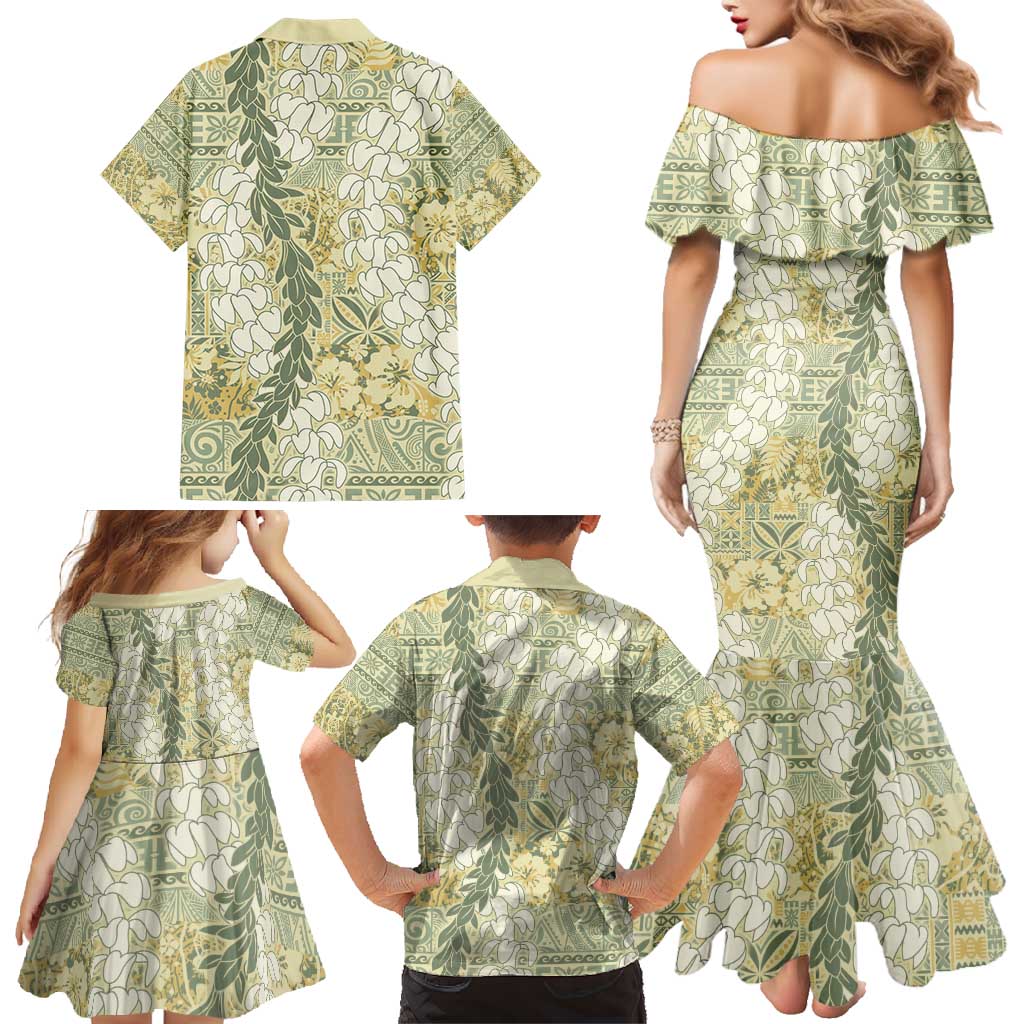 Vintage Puakenikeni and Maile Lei Family Matching Mermaid Dress and Hawaiian Shirt Hawaiian Style Tribal Tapa Double Strand Lei