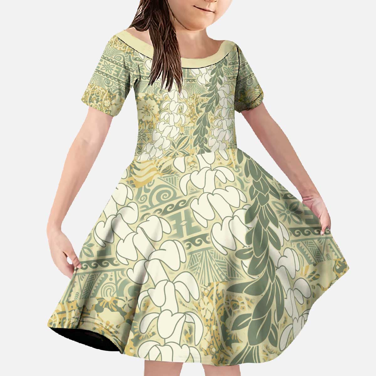 Vintage Puakenikeni and Maile Lei Family Matching Off The Shoulder Long Sleeve Dress and Hawaiian Shirt Hawaiian Style Tribal Tapa Double Strand Lei