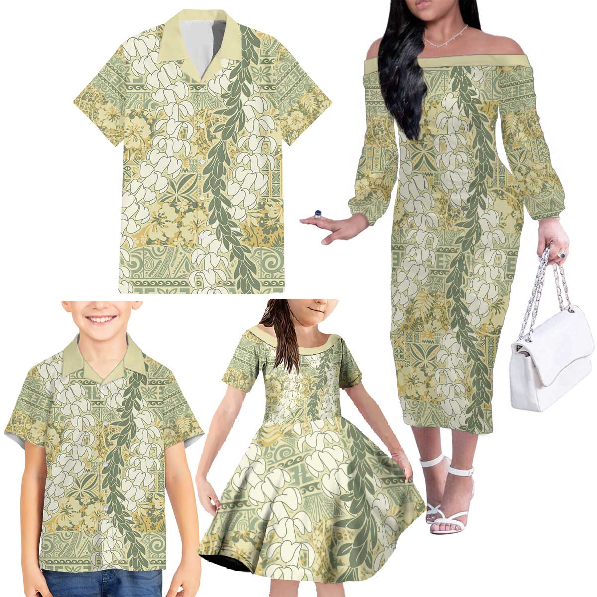 Vintage Puakenikeni and Maile Lei Family Matching Off The Shoulder Long Sleeve Dress and Hawaiian Shirt Hawaiian Style Tribal Tapa Double Strand Lei