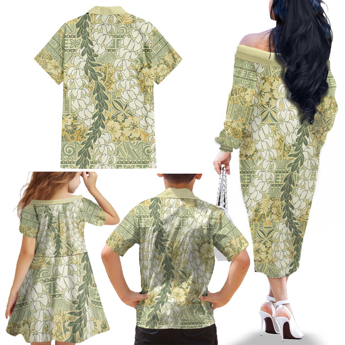 Vintage Puakenikeni and Maile Lei Family Matching Off The Shoulder Long Sleeve Dress and Hawaiian Shirt Hawaiian Style Tribal Tapa Double Strand Lei