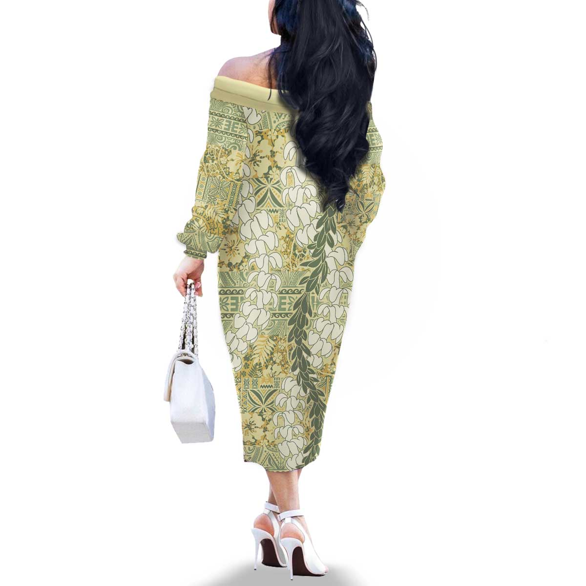 Vintage Puakenikeni and Maile Lei Family Matching Off The Shoulder Long Sleeve Dress and Hawaiian Shirt Hawaiian Style Tribal Tapa Double Strand Lei