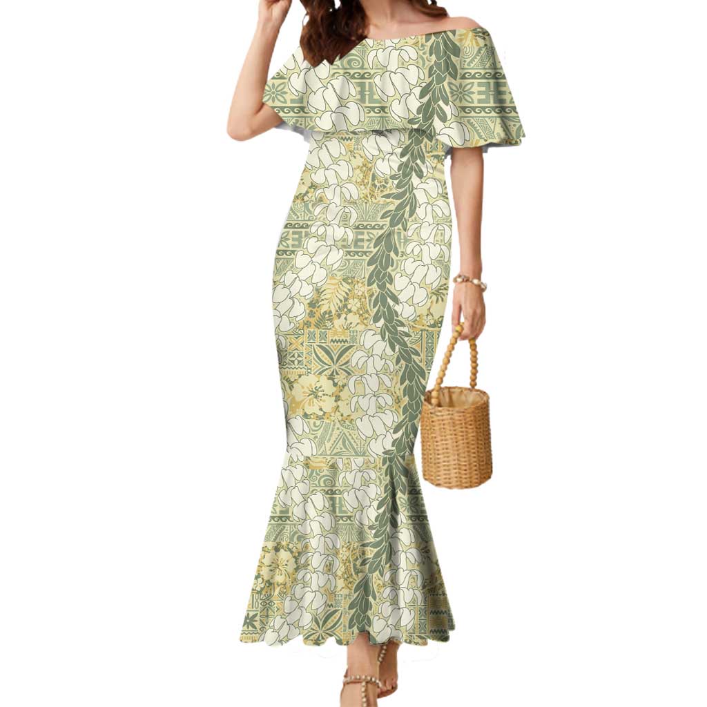 Vintage Puakenikeni and Maile Lei Mermaid Dress Hawaiian Style Tribal Tapa Double Strand Lei