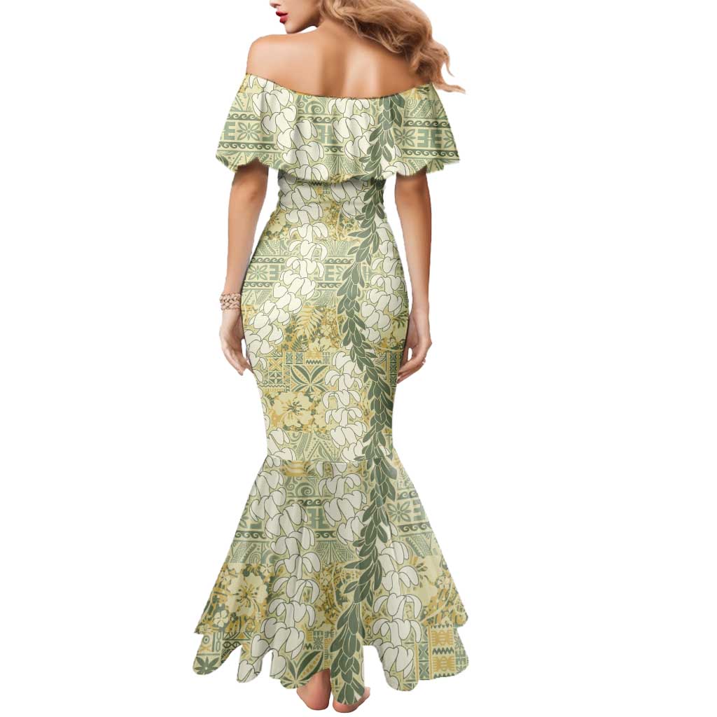 Vintage Puakenikeni and Maile Lei Mermaid Dress Hawaiian Style Tribal Tapa Double Strand Lei