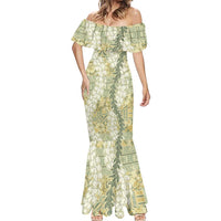 Vintage Puakenikeni and Maile Lei Mermaid Dress Hawaiian Style Tribal Tapa Double Strand Lei