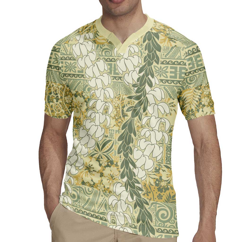 Vintage Puakenikeni and Maile Lei Rugby Jersey Hawaiian Style Tribal Tapa Double Strand Lei