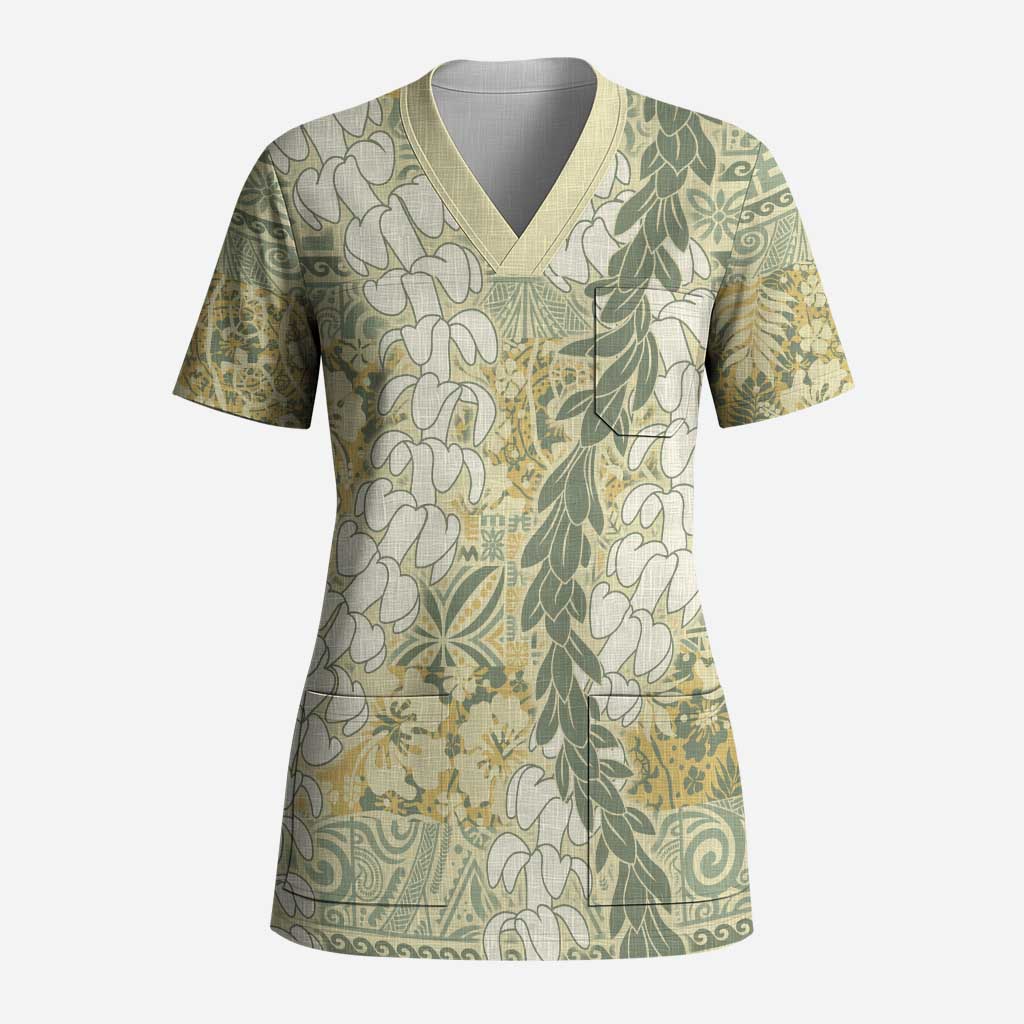 Vintage Puakenikeni and Maile Lei Scrub Top Hawaiian Style Tribal Tapa Double Strand Lei - Polynesian Pride