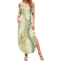 Vintage Puakenikeni and Maile Lei Summer Maxi Dress Hawaiian Style Tribal Tapa Double Strand Lei