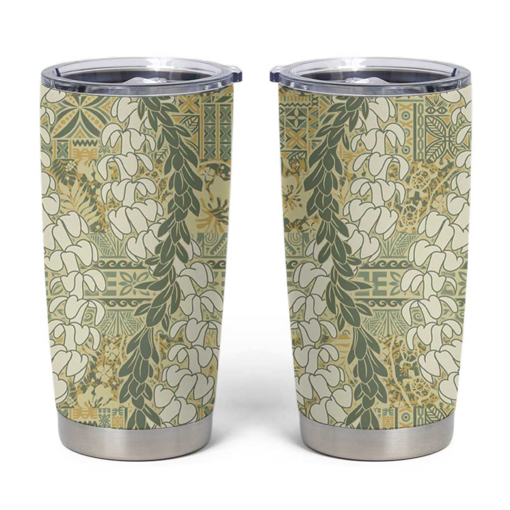 Vintage Puakenikeni and Maile Lei Tumbler Cup Hawaiian Style Tribal Tapa Double Strand Lei