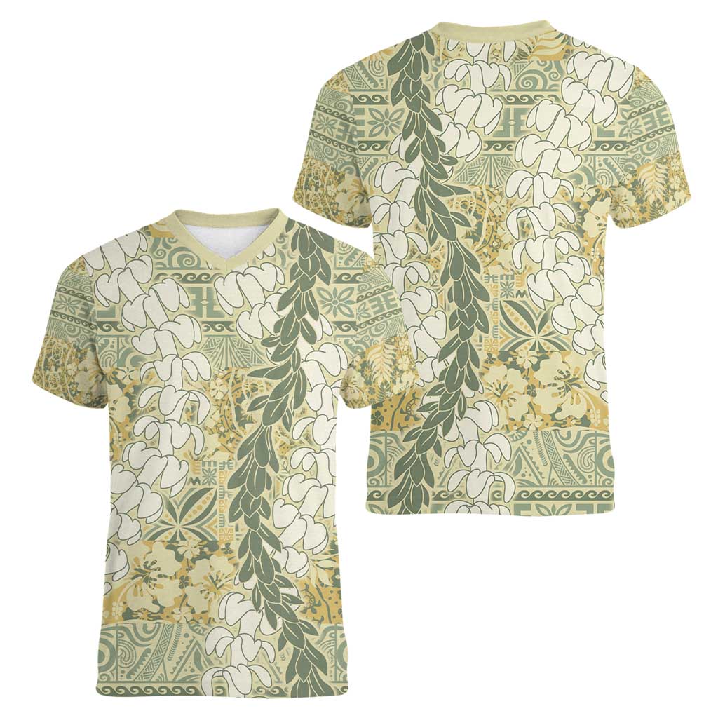 Vintage Puakenikeni and Maile Lei Women V-Neck T-Shirt Hawaiian Style Tribal Tapa Double Strand Lei