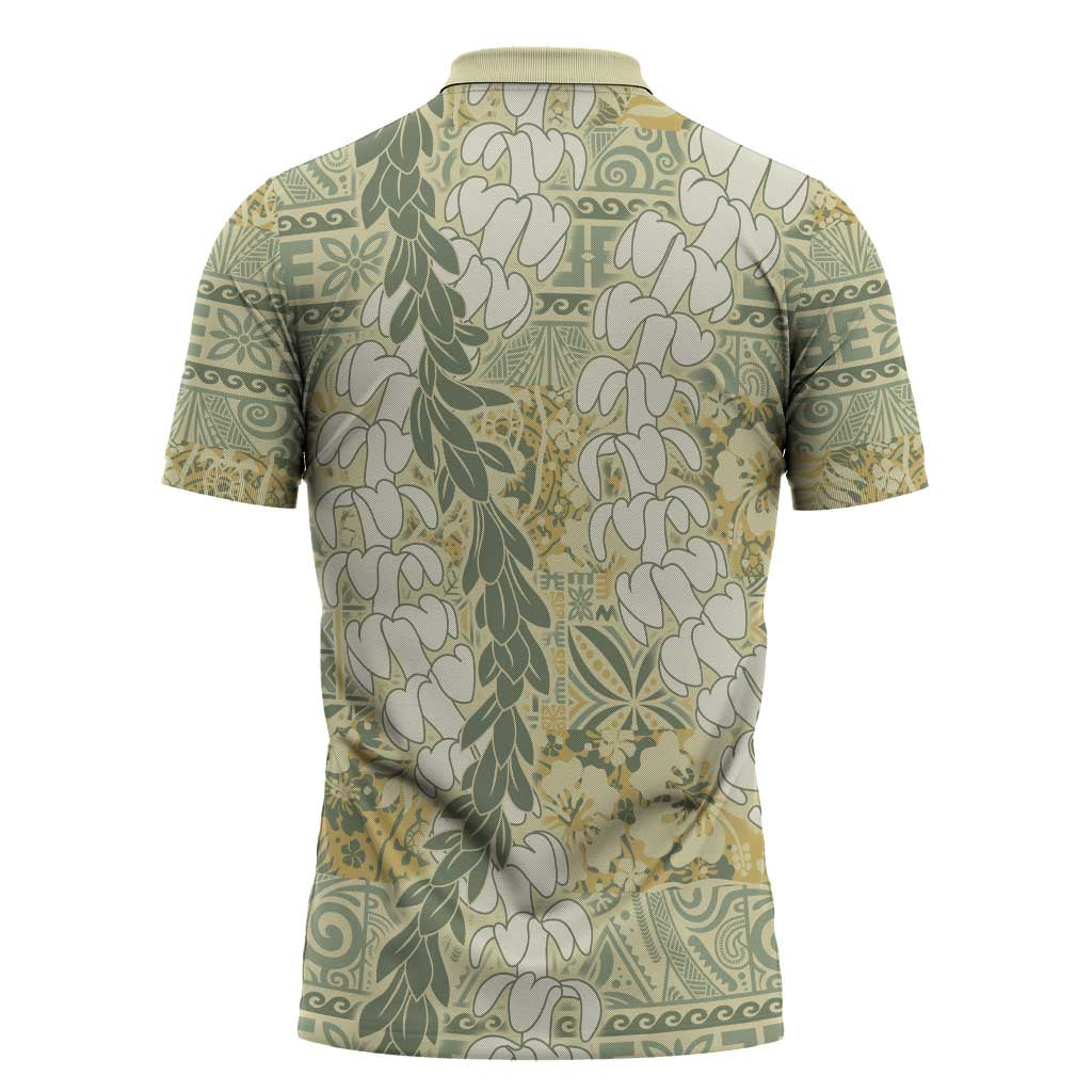 Vintage Puakenikeni and Maile Lei Zipper Polo Shirt Hawaiian Style Tribal Tapa Double Strand Lei - Polynesian Pride