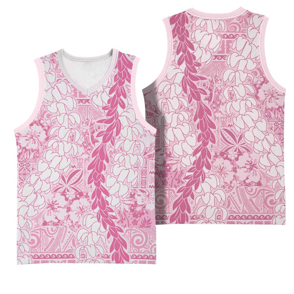 Pink Puakenikeni and Maile Lei Basketball Jersey Hawaiian Style Tribal Tapa Double Strand Lei - Polynesian Pride