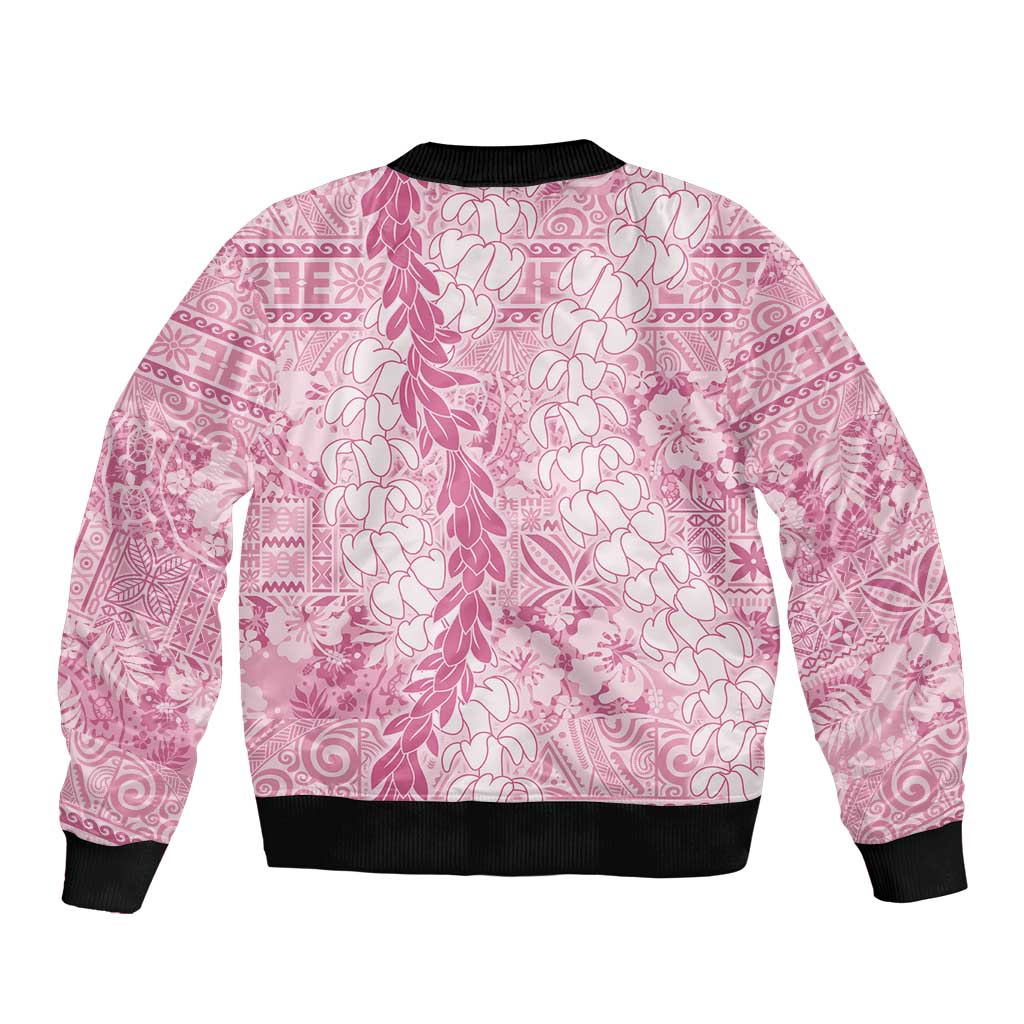 Pink Puakenikeni and Maile Lei Bomber Jacket Hawaiian Style Tribal Tapa Double Strand Lei
