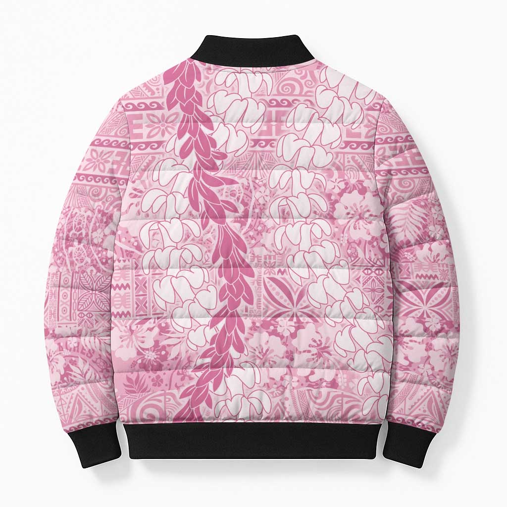 Pink Puakenikeni and Maile Lei Bomber Puffer Jacket Hawaiian Style Tribal Tapa Double Strand Lei - Polynesian Pride