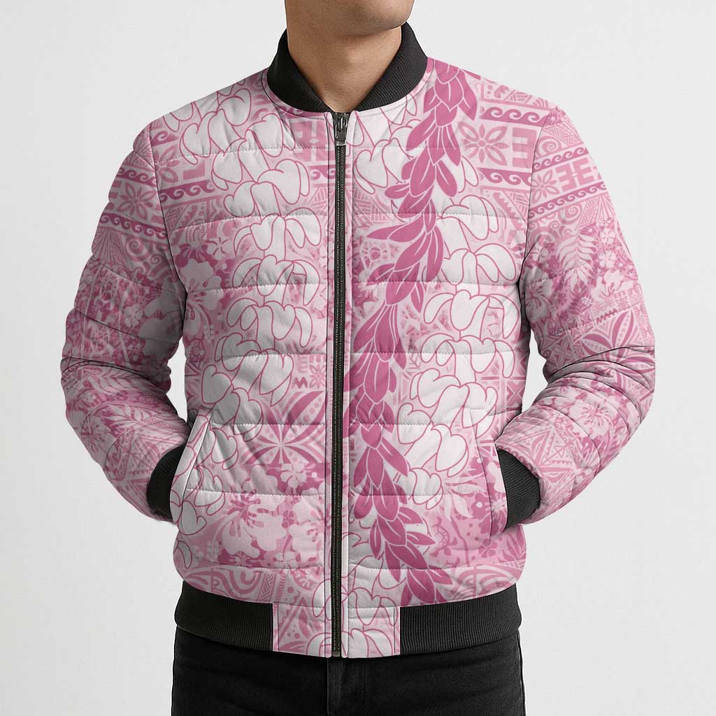 Pink Puakenikeni and Maile Lei Bomber Puffer Jacket Hawaiian Style Tribal Tapa Double Strand Lei - Polynesian Pride