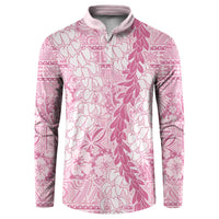 Pink Puakenikeni and Maile Lei Button Sweatshirt Hawaiian Style Tribal Tapa Double Strand Lei