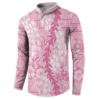 Pink Puakenikeni and Maile Lei Button Sweatshirt Hawaiian Style Tribal Tapa Double Strand Lei