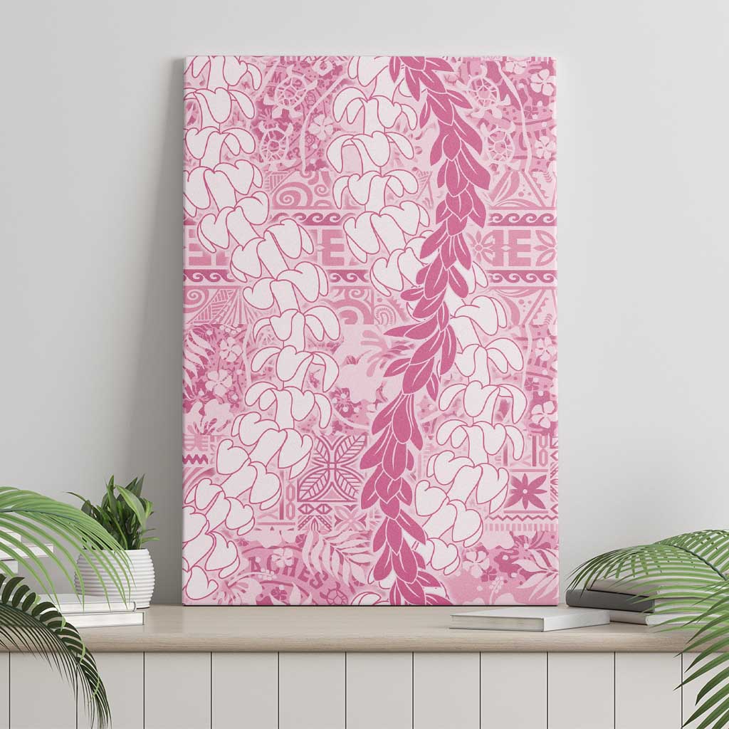 Pink Puakenikeni and Maile Lei Canvas Wall Art Hawaiian Style Tribal Tapa Double Strand Lei