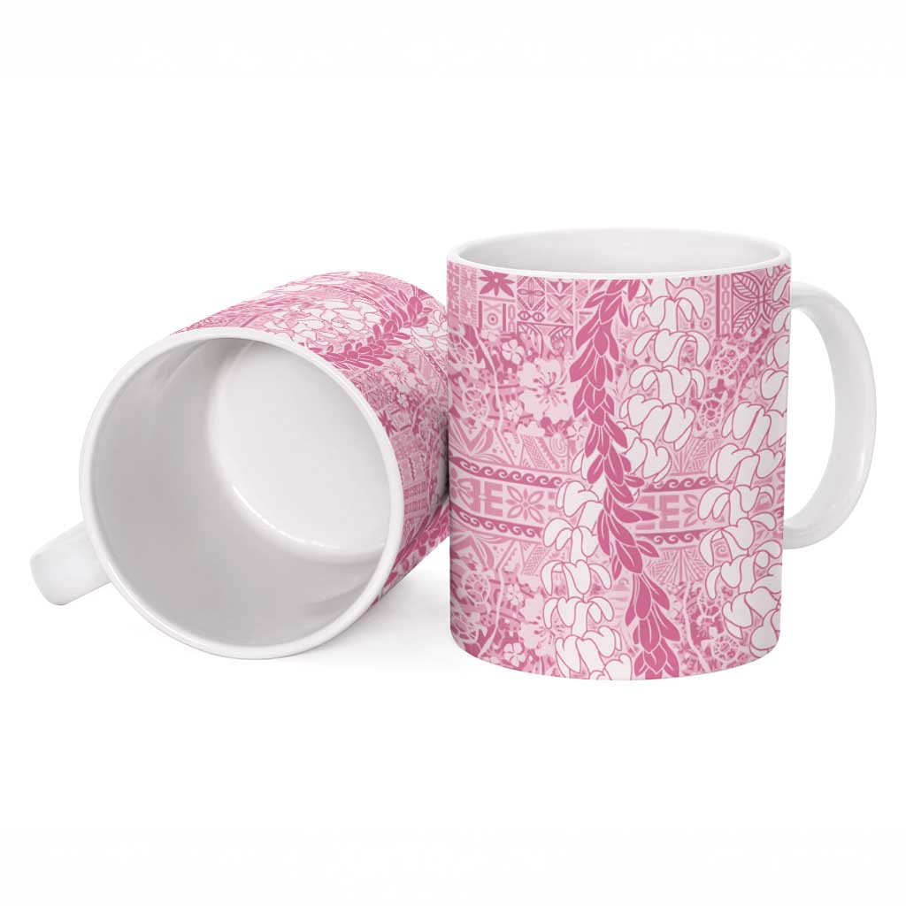 Pink Puakenikeni and Maile Lei Ceramic Mug Hawaiian Style Tribal Tapa Double Strand Lei - Polynesian Pride