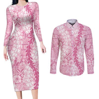 Pink Puakenikeni and Maile Lei Couples Matching Long Sleeve Bodycon Dress and Long Sleeve Button Shirt Hawaiian Style Tribal Tapa Double Strand Lei