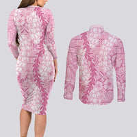Pink Puakenikeni and Maile Lei Couples Matching Long Sleeve Bodycon Dress and Long Sleeve Button Shirt Hawaiian Style Tribal Tapa Double Strand Lei