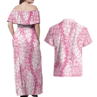 Pink Puakenikeni and Maile Lei Couples Matching Off Shoulder Maxi Dress and Hawaiian Shirt Hawaiian Style Tribal Tapa Double Strand Lei