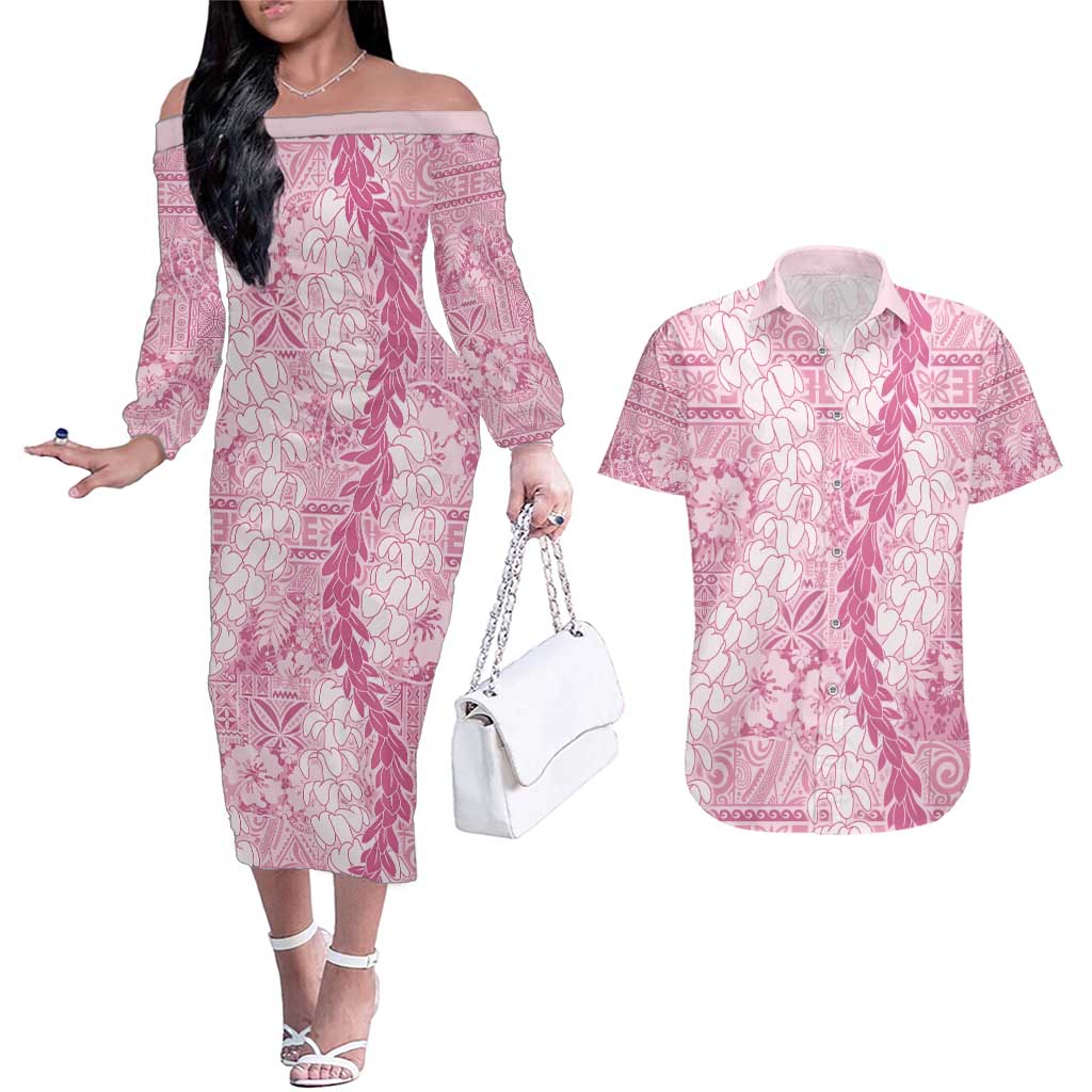 Pink Puakenikeni and Maile Lei Couples Matching Off The Shoulder Long Sleeve Dress and Hawaiian Shirt Hawaiian Style Tribal Tapa Double Strand Lei
