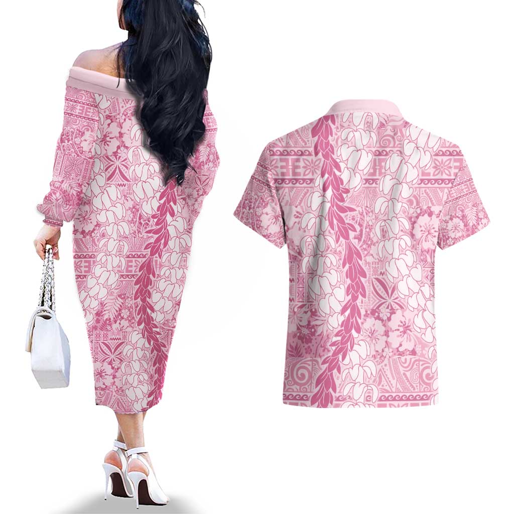 Pink Puakenikeni and Maile Lei Couples Matching Off The Shoulder Long Sleeve Dress and Hawaiian Shirt Hawaiian Style Tribal Tapa Double Strand Lei