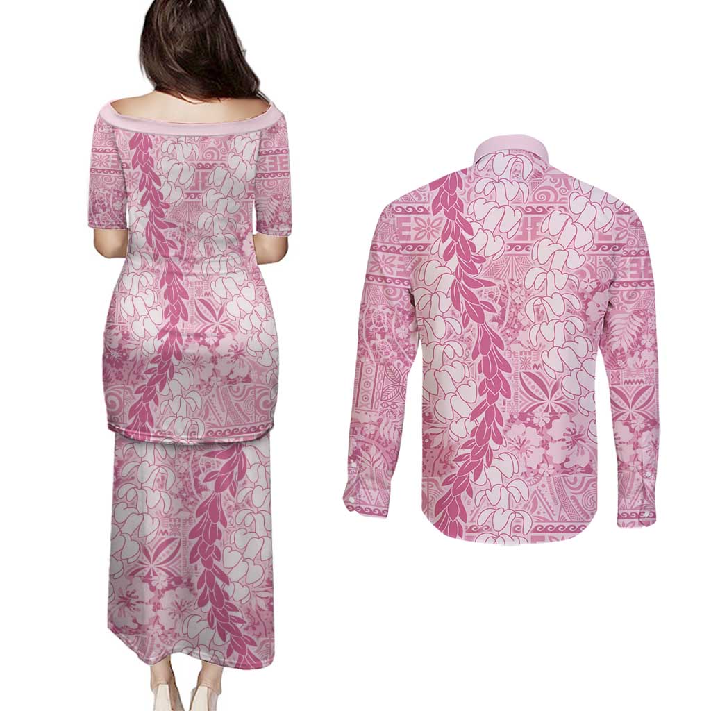 Pink Puakenikeni and Maile Lei Couples Matching Puletasi and Long Sleeve Button Shirt Hawaiian Style Tribal Tapa Double Strand Lei