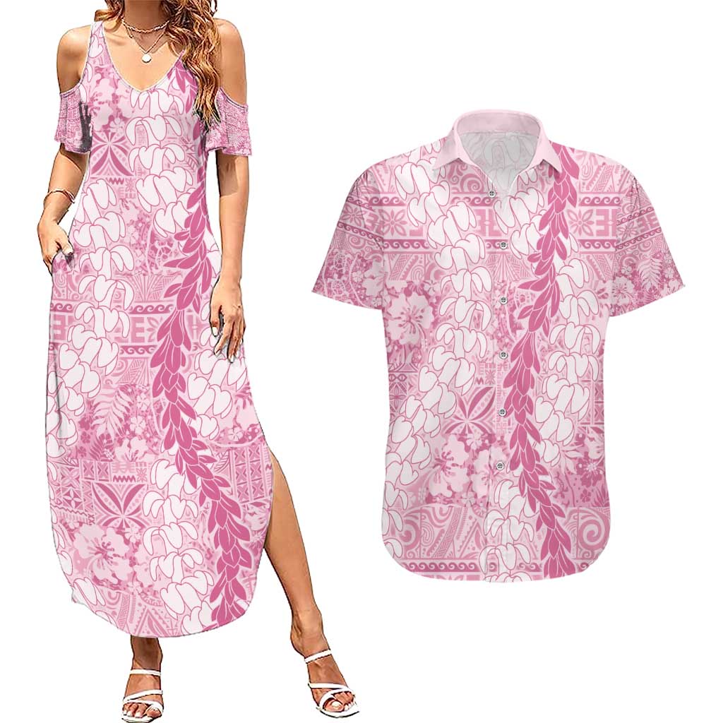 Pink Puakenikeni and Maile Lei Couples Matching Summer Maxi Dress and Hawaiian Shirt Hawaiian Style Tribal Tapa Double Strand Lei