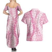 Pink Puakenikeni and Maile Lei Couples Matching Summer Maxi Dress and Hawaiian Shirt Hawaiian Style Tribal Tapa Double Strand Lei