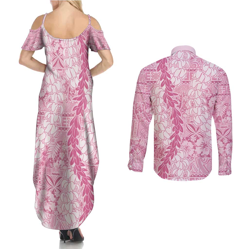 Pink Puakenikeni and Maile Lei Couples Matching Summer Maxi Dress and Long Sleeve Button Shirt Hawaiian Style Tribal Tapa Double Strand Lei
