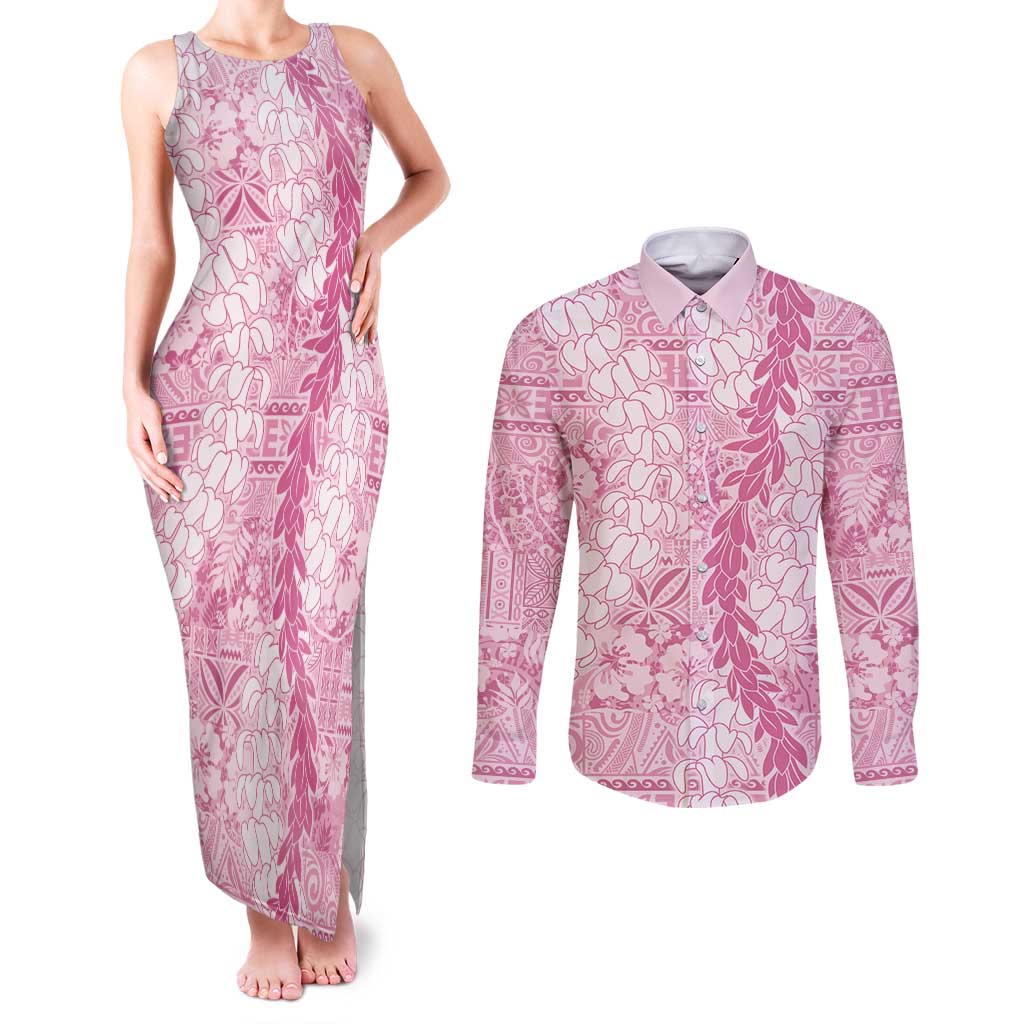 Pink Puakenikeni and Maile Lei Couples Matching Tank Maxi Dress and Long Sleeve Button Shirt Hawaiian Style Tribal Tapa Double Strand Lei