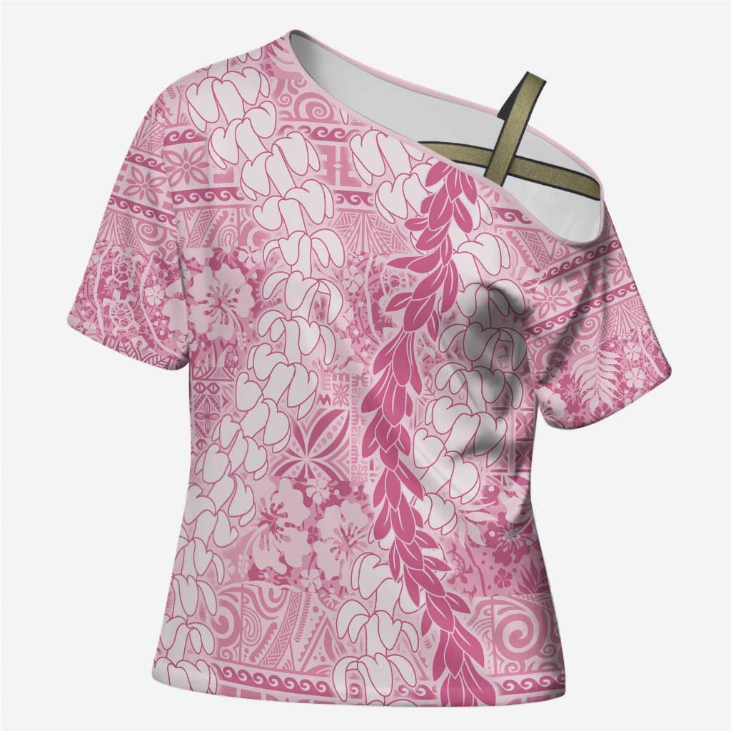 Pink Puakenikeni and Maile Lei Cross Shoulder Shirt Hawaiian Style Tribal Tapa Double Strand Lei - Polynesian Pride