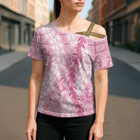 Pink Puakenikeni and Maile Lei Cross Shoulder Shirt Hawaiian Style Tribal Tapa Double Strand Lei - Polynesian Pride