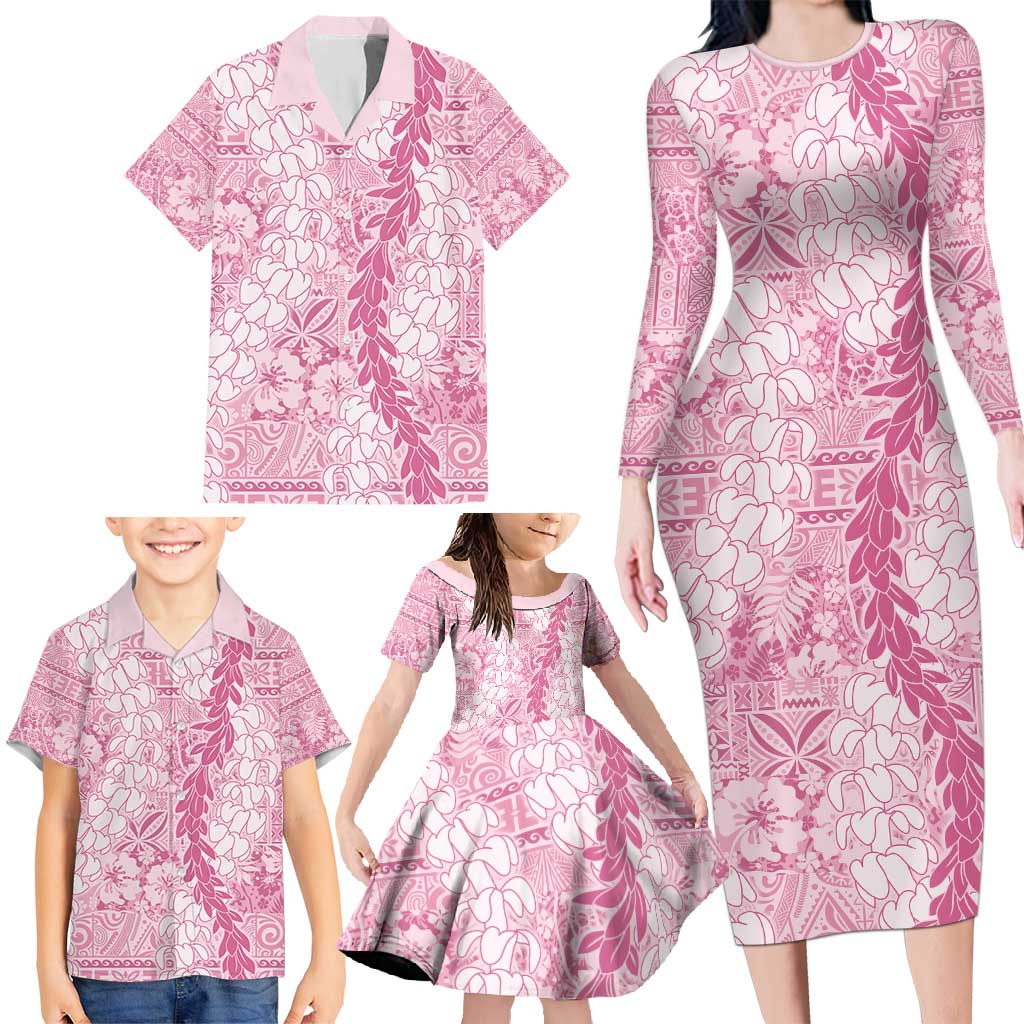 Pink Puakenikeni and Maile Lei Family Matching Long Sleeve Bodycon Dress and Hawaiian Shirt Hawaiian Style Tribal Tapa Double Strand Lei