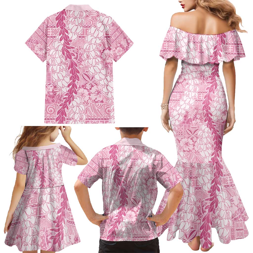 Pink Puakenikeni and Maile Lei Family Matching Mermaid Dress and Hawaiian Shirt Hawaiian Style Tribal Tapa Double Strand Lei