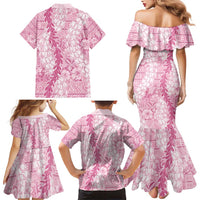 Pink Puakenikeni and Maile Lei Family Matching Mermaid Dress and Hawaiian Shirt Hawaiian Style Tribal Tapa Double Strand Lei
