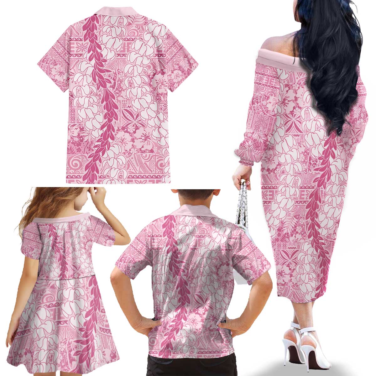 Pink Puakenikeni and Maile Lei Family Matching Off The Shoulder Long Sleeve Dress and Hawaiian Shirt Hawaiian Style Tribal Tapa Double Strand Lei