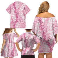 Pink Puakenikeni and Maile Lei Family Matching Off Shoulder Short Dress and Hawaiian Shirt Hawaiian Style Tribal Tapa Double Strand Lei