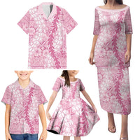 Pink Puakenikeni and Maile Lei Family Matching Puletasi and Hawaiian Shirt Hawaiian Style Tribal Tapa Double Strand Lei