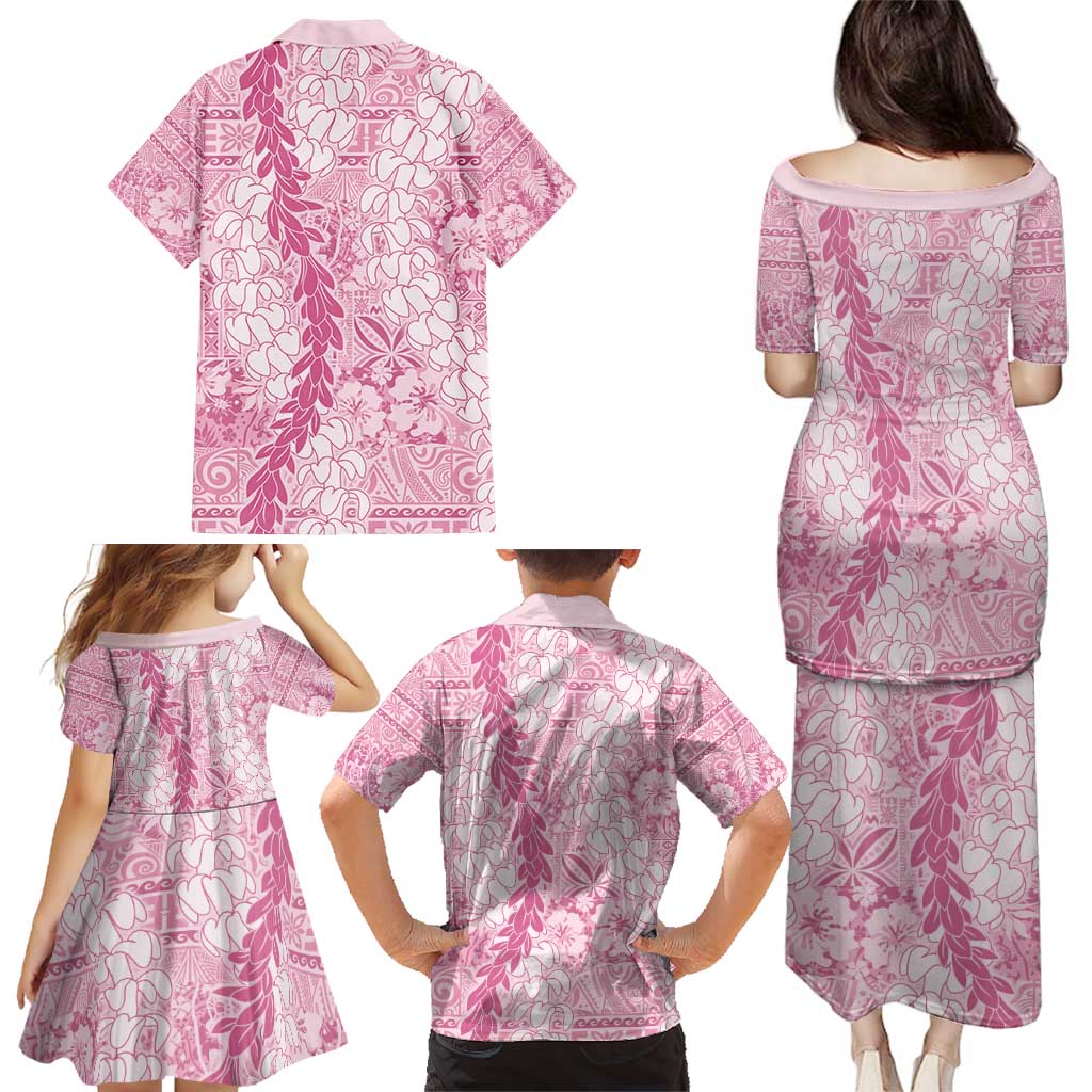Pink Puakenikeni and Maile Lei Family Matching Puletasi and Hawaiian Shirt Hawaiian Style Tribal Tapa Double Strand Lei