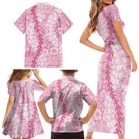 Pink Puakenikeni and Maile Lei Family Matching Short Sleeve Bodycon Dress and Hawaiian Shirt Hawaiian Style Tribal Tapa Double Strand Lei