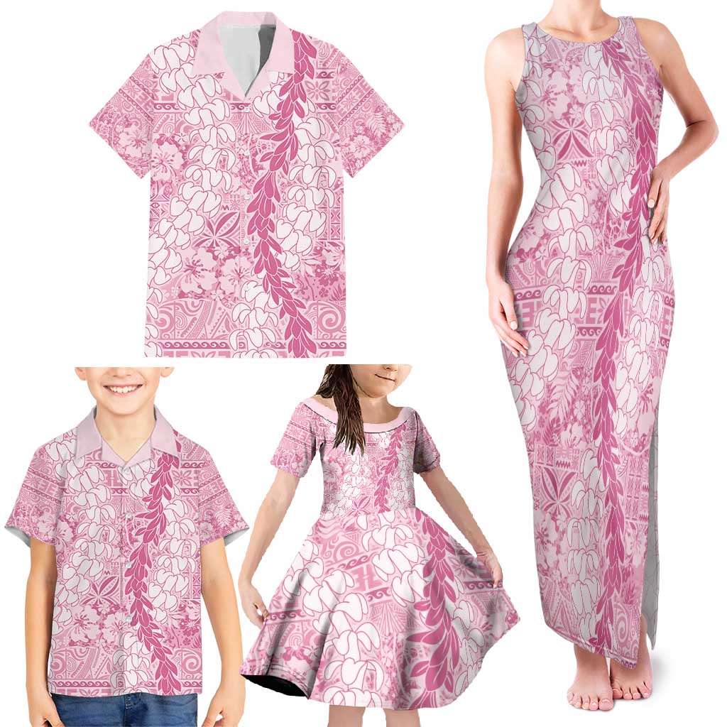 Pink Puakenikeni and Maile Lei Family Matching Tank Maxi Dress and Hawaiian Shirt Hawaiian Style Tribal Tapa Double Strand Lei