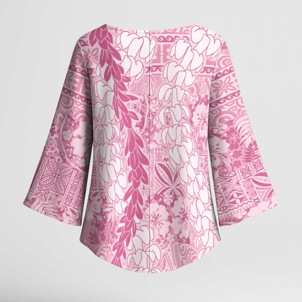 Pink Puakenikeni and Maile Lei Kimono Sleeve Blouse Hawaiian Style Tribal Tapa Double Strand Lei - Polynesian Pride