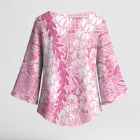 Pink Puakenikeni and Maile Lei Kimono Sleeve Blouse Hawaiian Style Tribal Tapa Double Strand Lei - Polynesian Pride