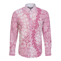 Pink Puakenikeni and Maile Lei Long Sleeve Button Shirt Hawaiian Style Tribal Tapa Double Strand Lei
