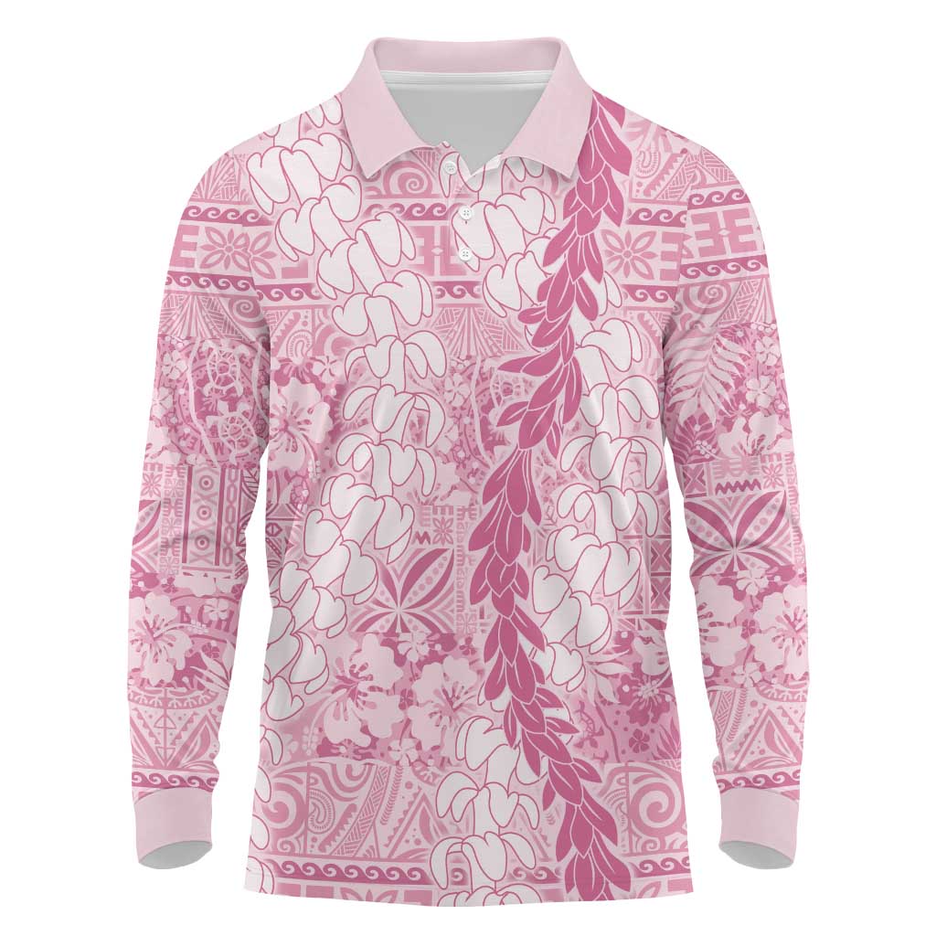 Pink Puakenikeni and Maile Lei Long Sleeve Polo Shirt Hawaiian Style Tribal Tapa Double Strand Lei