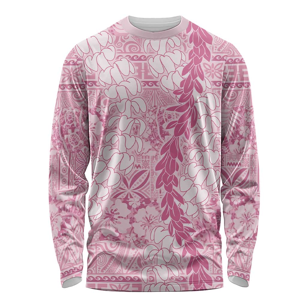 Pink Puakenikeni and Maile Lei Long Sleeve Shirt Hawaiian Style Tribal Tapa Double Strand Lei