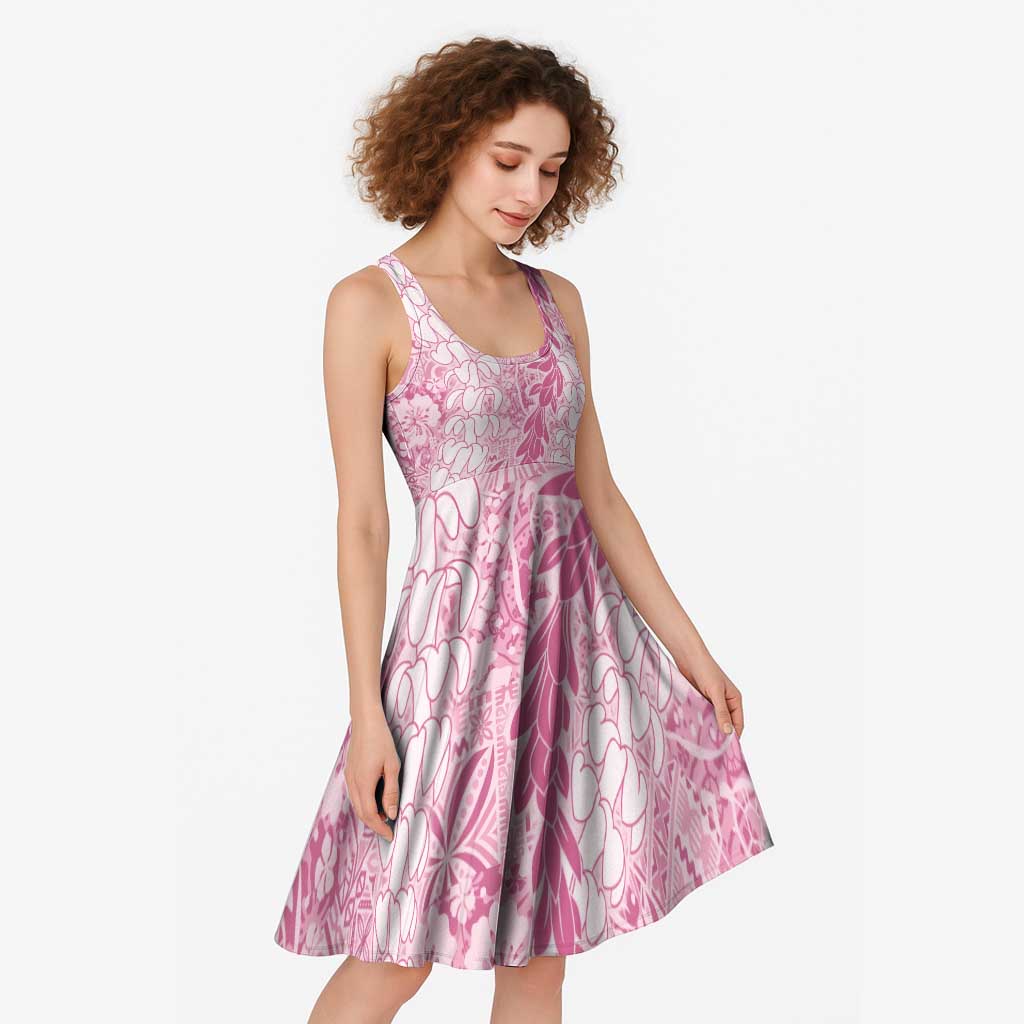 Pink Puakenikeni and Maile Lei Midi Dress Hawaiian Style Tribal Tapa Double Strand Lei - Polynesian Pride