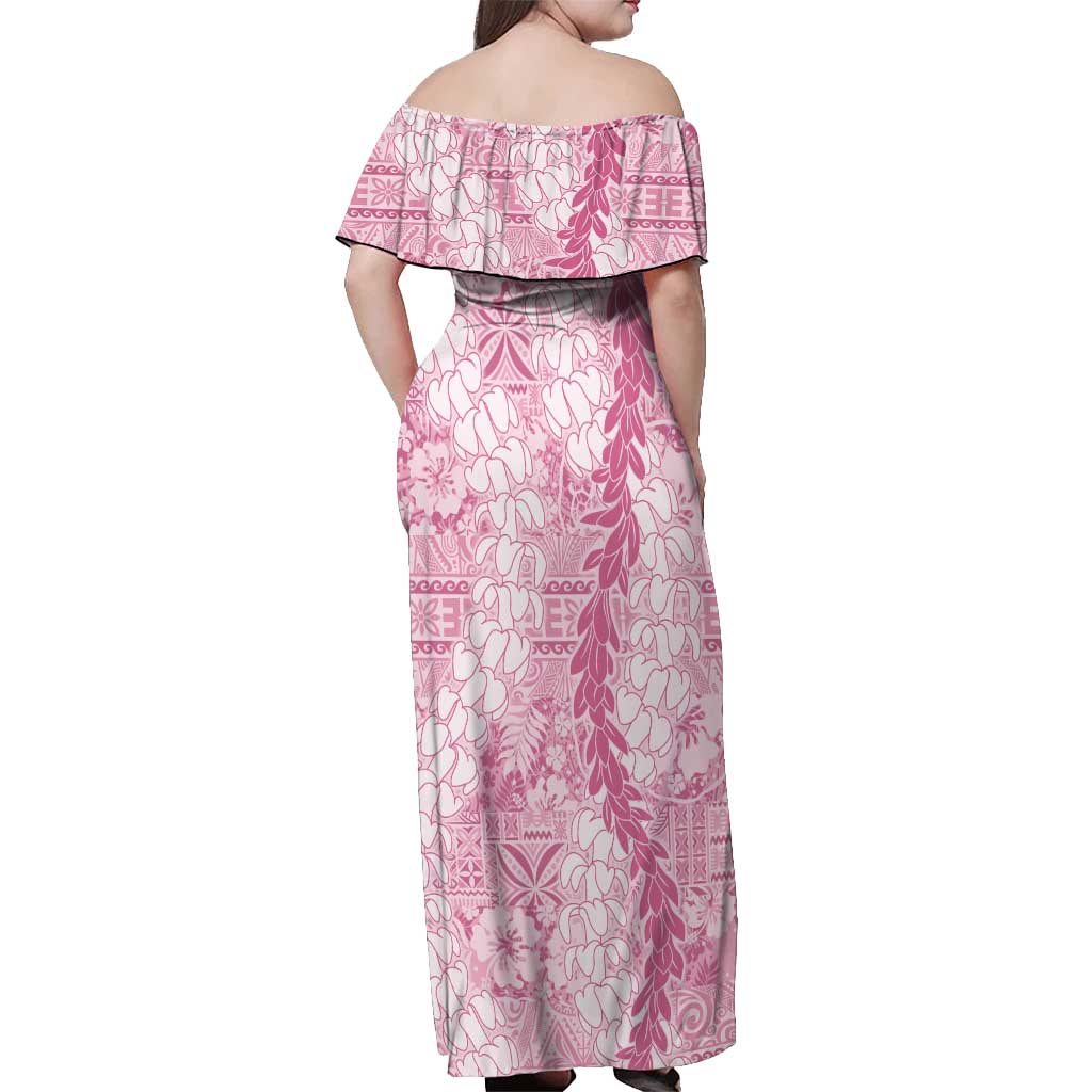 Pink Puakenikeni and Maile Lei Off Shoulder Maxi Dress Hawaiian Style Tribal Tapa Double Strand Lei